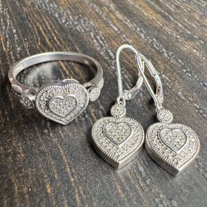 Affinity Real Diamond Sterling Silver Heart Earrings & Ring Set Sz 9 Vintage 925